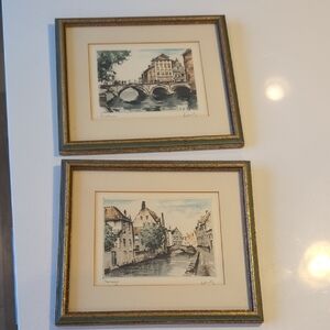Framed Vintage Art Prints Water Color Bridge